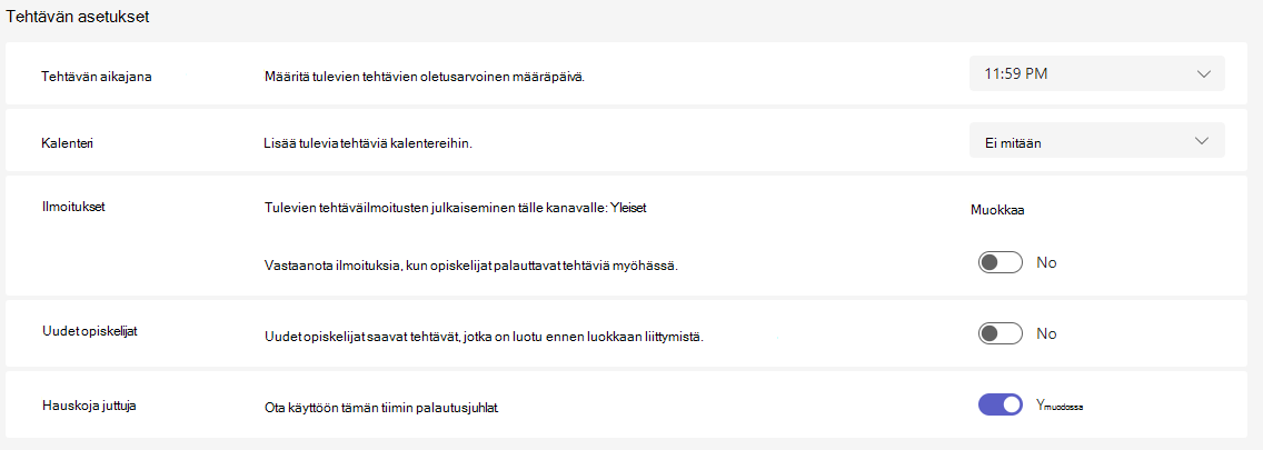 Näyttökuva tehtäväasetuksista.