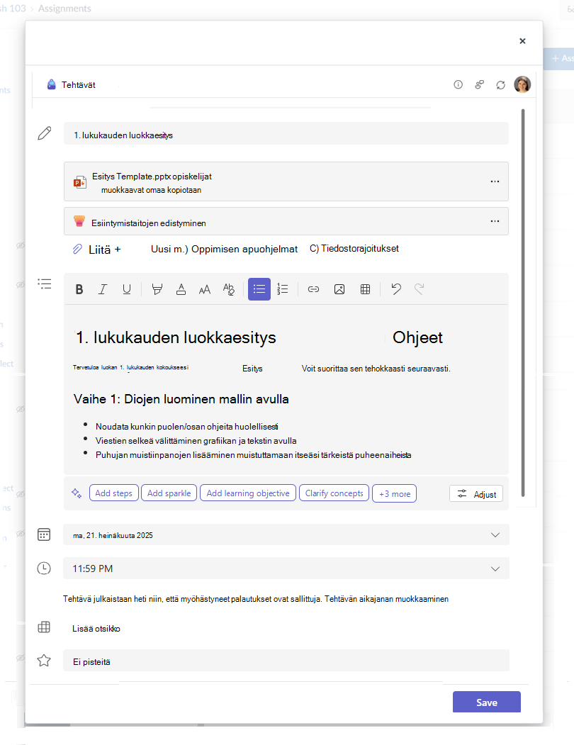 Luo Microsoft-tehtävä -valintaikkuna, jossa on tekstiä