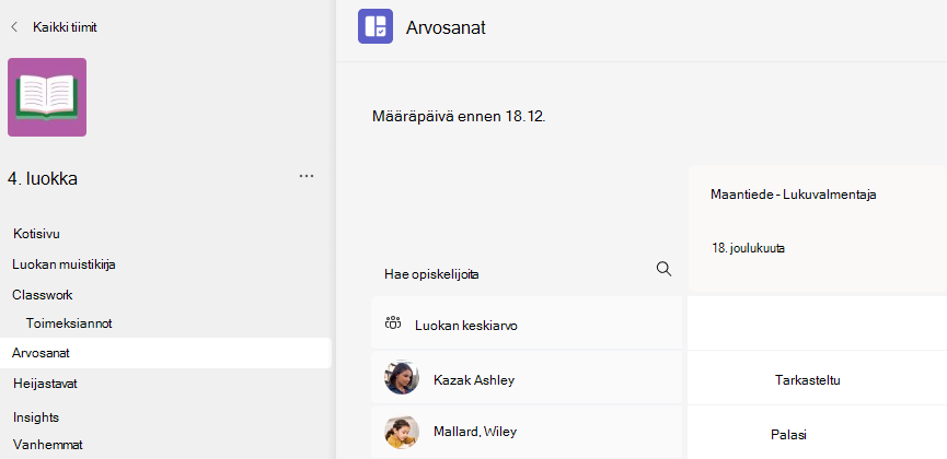 Näyttökuva arvosanoista.