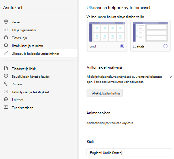 Näyttökuva kielen valinnasta.