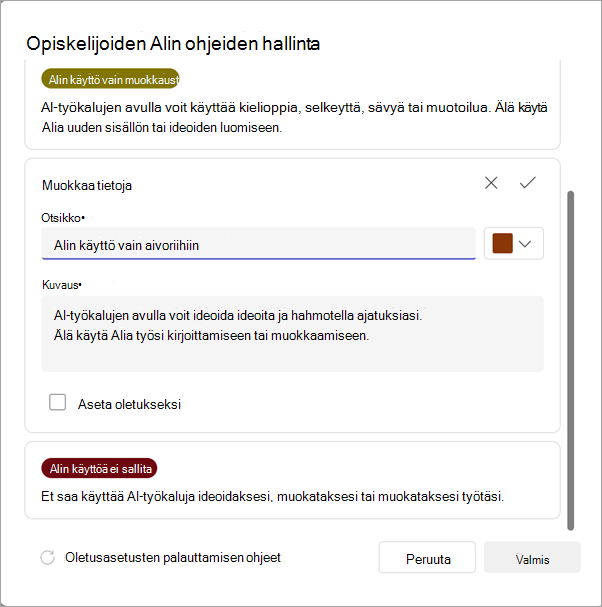Näyttökuva tekoälyohjeiden hallinnan vaihtoehdoista.