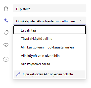 Näyttökuva opiskelijoiden tekoälyohjeiden määrittämisen vaihtoehdoista.