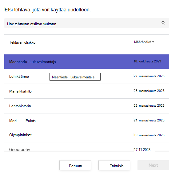 Näyttökuva tehtävän etsimisestä uudelleenkäyttöä varten.
