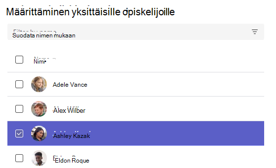 Näyttökuva yksittäisten opiskelijoiden määrittämisestä.