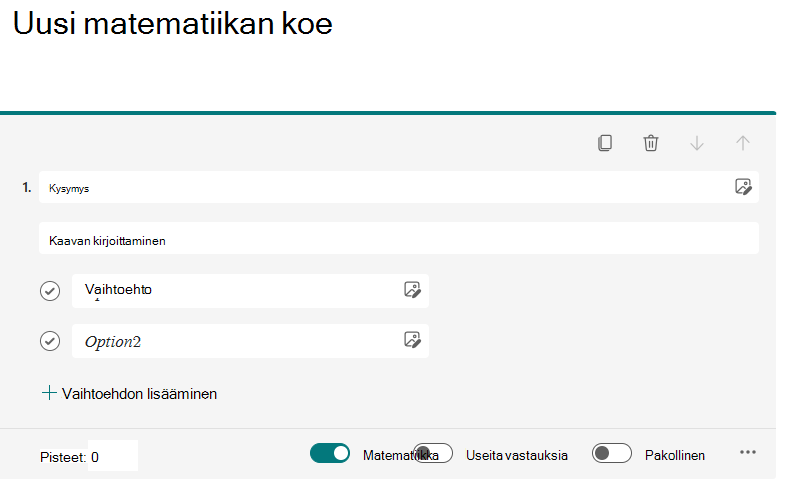 Näyttökuva matemaattisen valinnan valitsimesta.