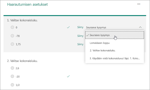 Näyttökuva haarautumiskysymyksen valitsemisesta.
