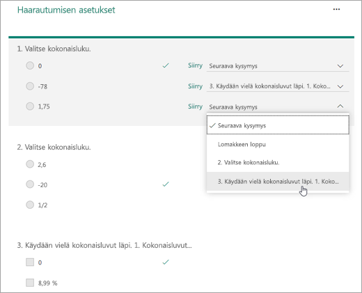 Näyttökuva haarautuvasta kysymyksestä.