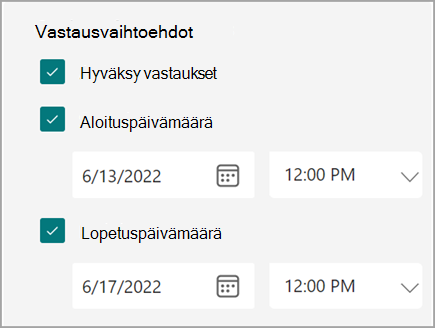Näyttökuva lomakkeen tai kokeen asetuksista, joissa käyttäjät voivat määrittää vastausten alkamis- ja päättymispäivän.