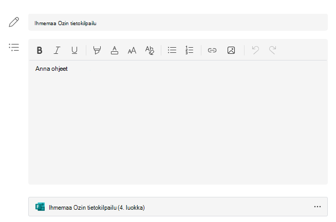 Näyttökuva uuden kokeen luomisesta.