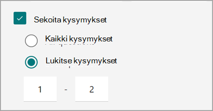 Näyttökuva kokeen tai lomakkeen asetuksesta koekysymysten sekoittamista ja lukitsemista varten.