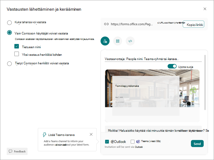 Näyttökuva Lähetä ja kerää -valintaikkunasta, jossa voit valita, ketkä voivat tarkastella lomaketta tai koetta ja vastata siihen.