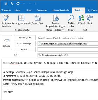 Näyttökuva Tarkista-välilehdestä.