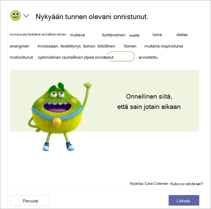 Kultamitaliin pukeutunut vihreiden tunteiden hirviö pumppaa nyrkkiään ilmaan. Opiskelija on valinnut sanan Onnistui