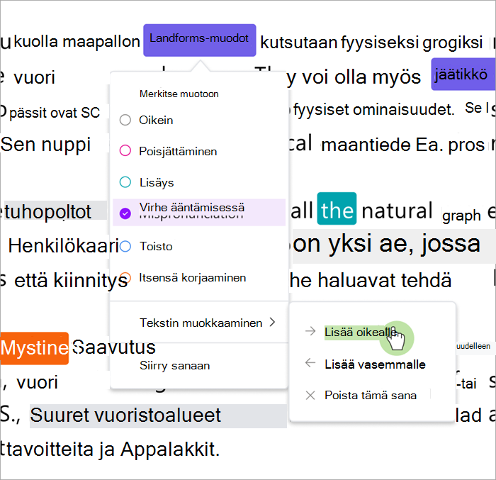 Näyttökuva lukutaidon edistymisen tarkistusruudusta, jossa näytetään, miten sanoja lisätään valitun sanan oikealle tai vasemmalle puolelle