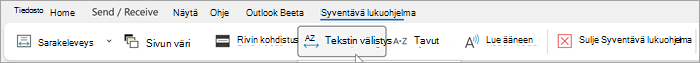 Näyttökuva Syventävän lukuohjelman valintanauhasta Outlookin työpöytäversiossa. Vasemmalta oikealle -asetuksia ovat sarakkeen leveys, sivun väri, rivin kohdistus, tekstin välistys, tavutus, lue ääneen ja syventävän lukuohjelman sulkeminen
