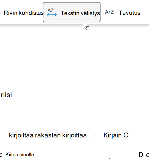 Näyttökuva Syventävän lukuohjelman tekstin välistysvaihtoehdosta, jolla kirjainten ja sanojen välinen etäisyys on suurempi