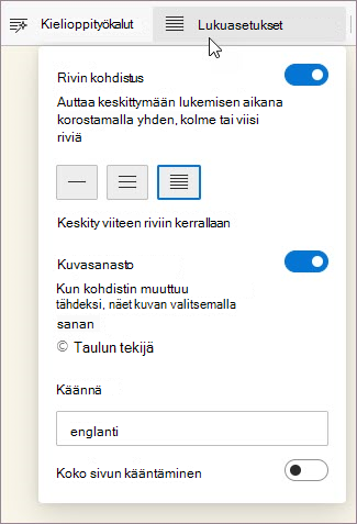 Syventävä lukuohjelma -lukuohjelman lukuasetukset