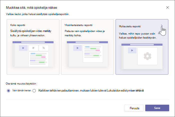 Kaksi vaihtoehtoa opiskelijoille näytetään, koko raportti sisältää tiettyjä numeerisia tietoja opiskelijoiden suorituksesta, yksinkertaistettu raportti näyttää vain, mitkä tekstin sanat opiskelijalta puuttuivat.