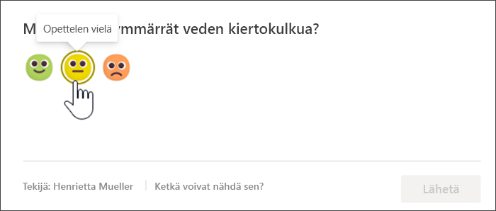 Näyttökuva opiskelijanäkymästä reflectin kuulumisten jakamisesta ennen vastaamista. Hiiri osoittaa keltaista, epävarmaa emojia, ja työkaluvihjeessä lukee 