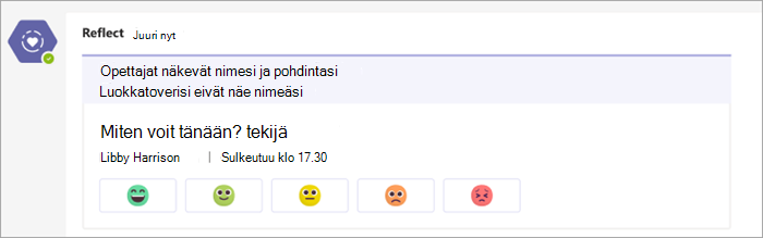 Kuulumisten jakaminen sellaisena kuin se näkyy luokan tiimin kanavalla. Viisi emojipainiketta, jotka vaihtelevat erittäin mukavista erittäin epämukaviin lähtöselvityskysymyksen alla: miltä sinusta tuntuu tänään?