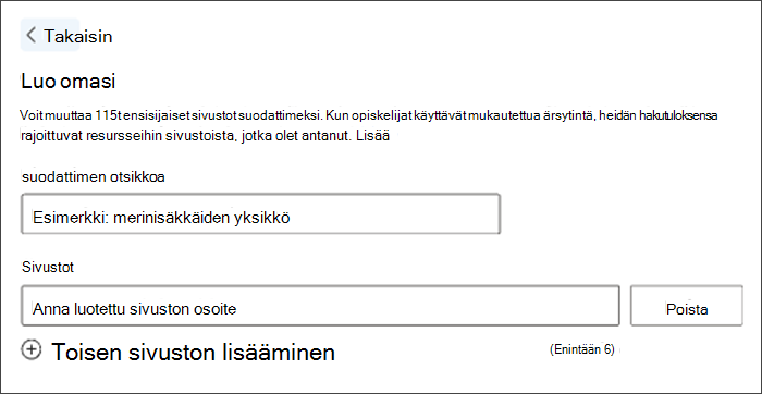 Näyttökuva mukautetun suodattimen luomisesta. Esimerkkisuodattimen otsikossa lukee merinisäkkäiden yksikkö, ja alla on avointa tilaa haluamiesi kohteiden lisäämistä varten.