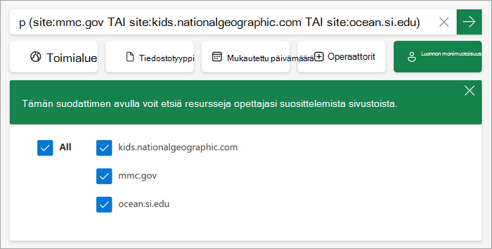 Näyttökuva siitä, miten mukautettu suodatin näkyy opiskelijoille, kun se on käytössä.