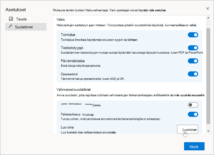 Näyttökuva asetusten suodattimet-osasta, jossa hiirellä valitaan luo luomisen yhteydessä