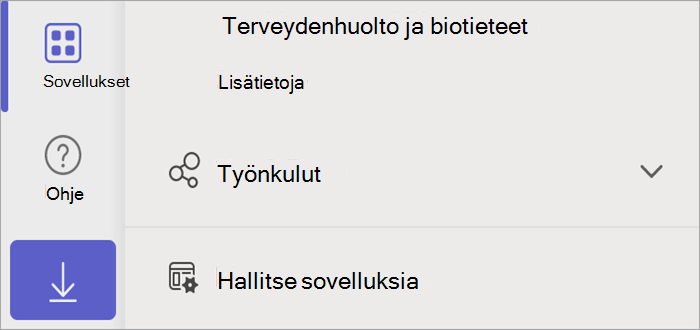 Näyttökuva Teamsista, jossa näkyy Sovellukset-painike, jossa näkyy Sovellusten hallinta -painike.