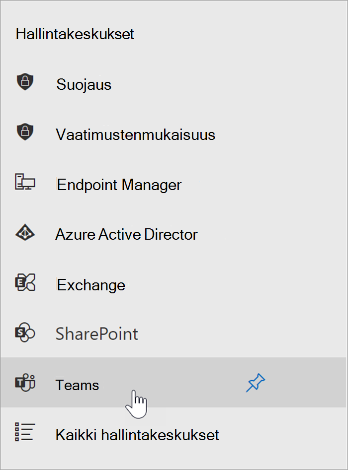 Näyttökuva Microsoft 365 -hallintakeskuksesta, jossa kohdistin on Teams-hallintakeskuksen aloituskohdan päällä.