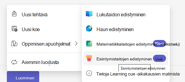 Näyttökuva Esiintymistaitojen edistymisestä.