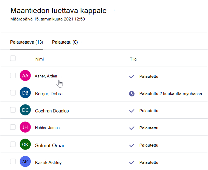 Näyttökuva opettajan arviointiruudusta, jossa lukee: Maantiedon luettava kappale, määräpäivä 15. tammikuuta 2021 klo 12.59, kaksi välilehteä: palautettava (13) ja palautettu (0). Palautettavien välilehden näkymä on valittuna ja näkyvissä on kaksi saraketta, nimet ja tila. Lueteltu on useita opiskelijoiden nimiä ja tiloja ovat esimerkiksi palautetut, kaksi kuukautta myöhässä ja nähty