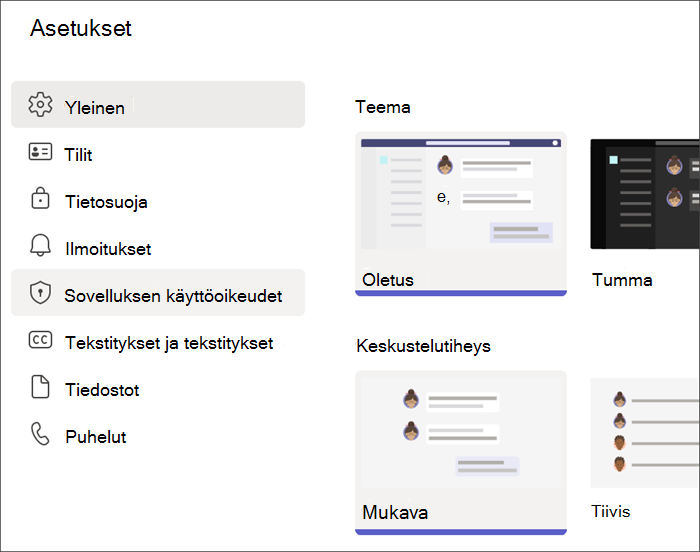 Näyttökuva Teams-asetuksista opiskelijaprofiilista. Sovelluksen käyttöoikeudet on korostettuna.