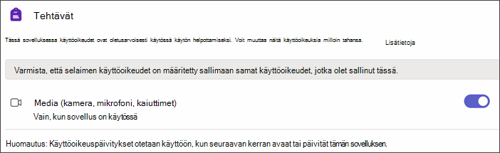 Näyttökuva Teamsin asetuksista sovelluksen käyttöoikeuksien valitsemisen jälkeen. Media-niminen asetus tulee näkyviin, kun vaihtopainike on käytössä.