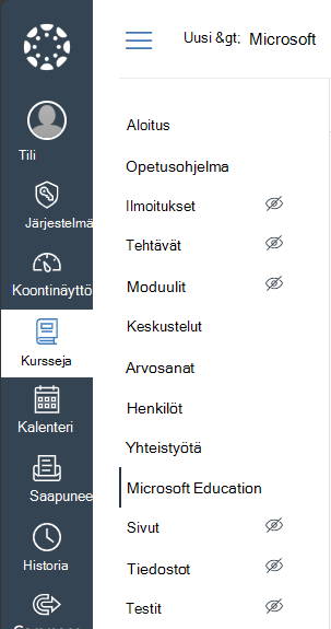 Valitse Microsoft Education Canvas-kurssin siirtymisvalikosta