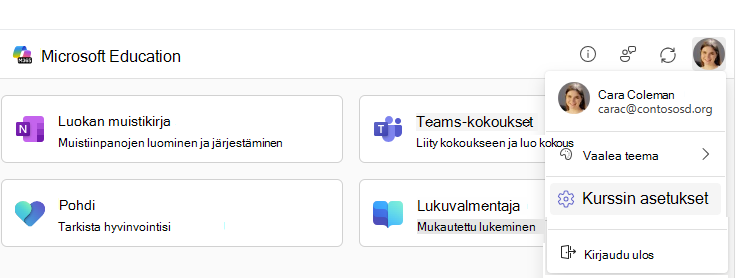 Kurssin asetukset -valikkovaihtoehto