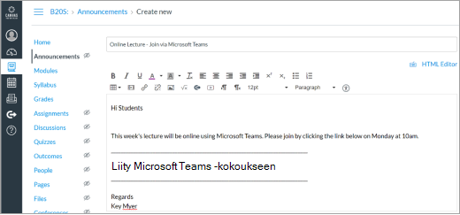 Microsoft Teams -linkki piirtoalustajulkaisussa