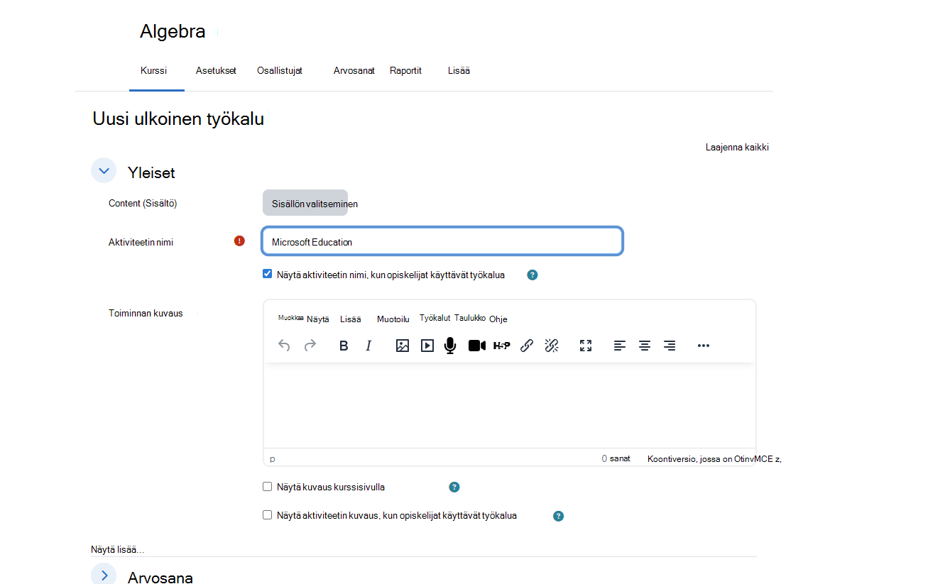 Moodlen Uusi ulkoinen työkalu -valintaikkuna