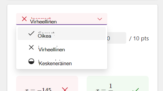 Näyttökuva vastausvaihtoehdoista.