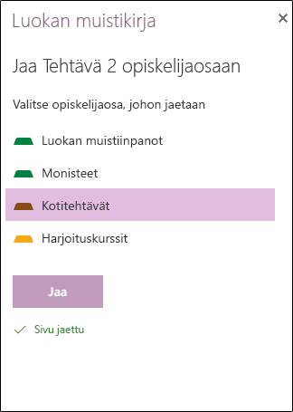 Esimerkki jaetuista tehtävistä OneNoten verkkoversio