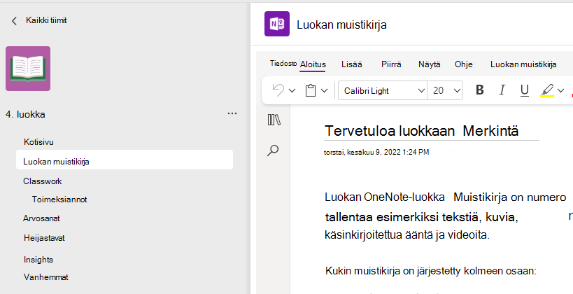 Näyttökuva luokan muistikirjan määrittämisestä.