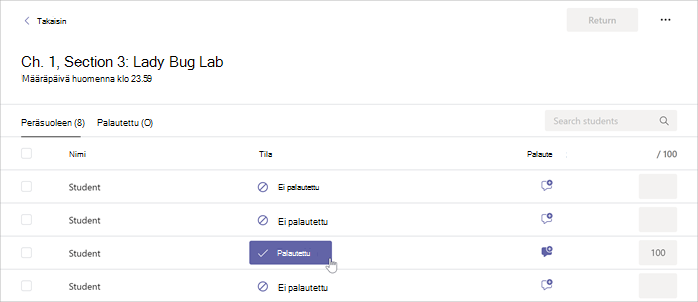 Kohdistin osoittaa valitun Tehtävän Palautettu-painiketta Microsoft Teamsissa.