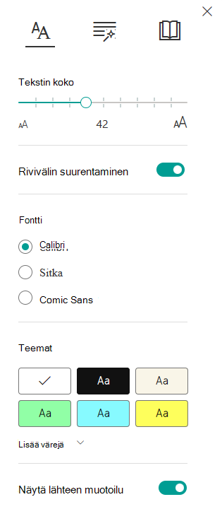Näyttökuva tekstin kokoasetuksista.