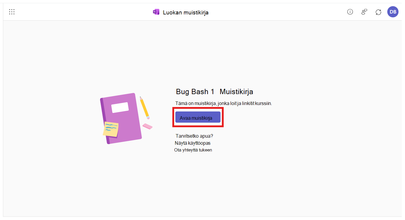Luokan muistikirja -sovellus on avattuna M365 LTI -integroinnissa. Käyttäjää kehotetaan käynnistämään juuri luotu muistikirjansa