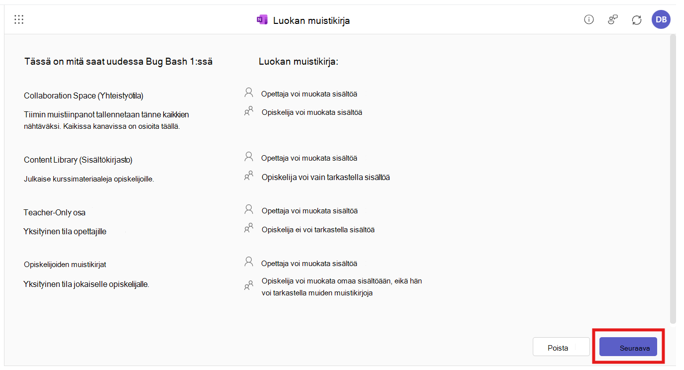 . Luokan muistikirja -sovellus on avattuna M365 LTI -integroinnissa. Käyttäjää pyydetään tarkistamaan muistikirjan jäsennys