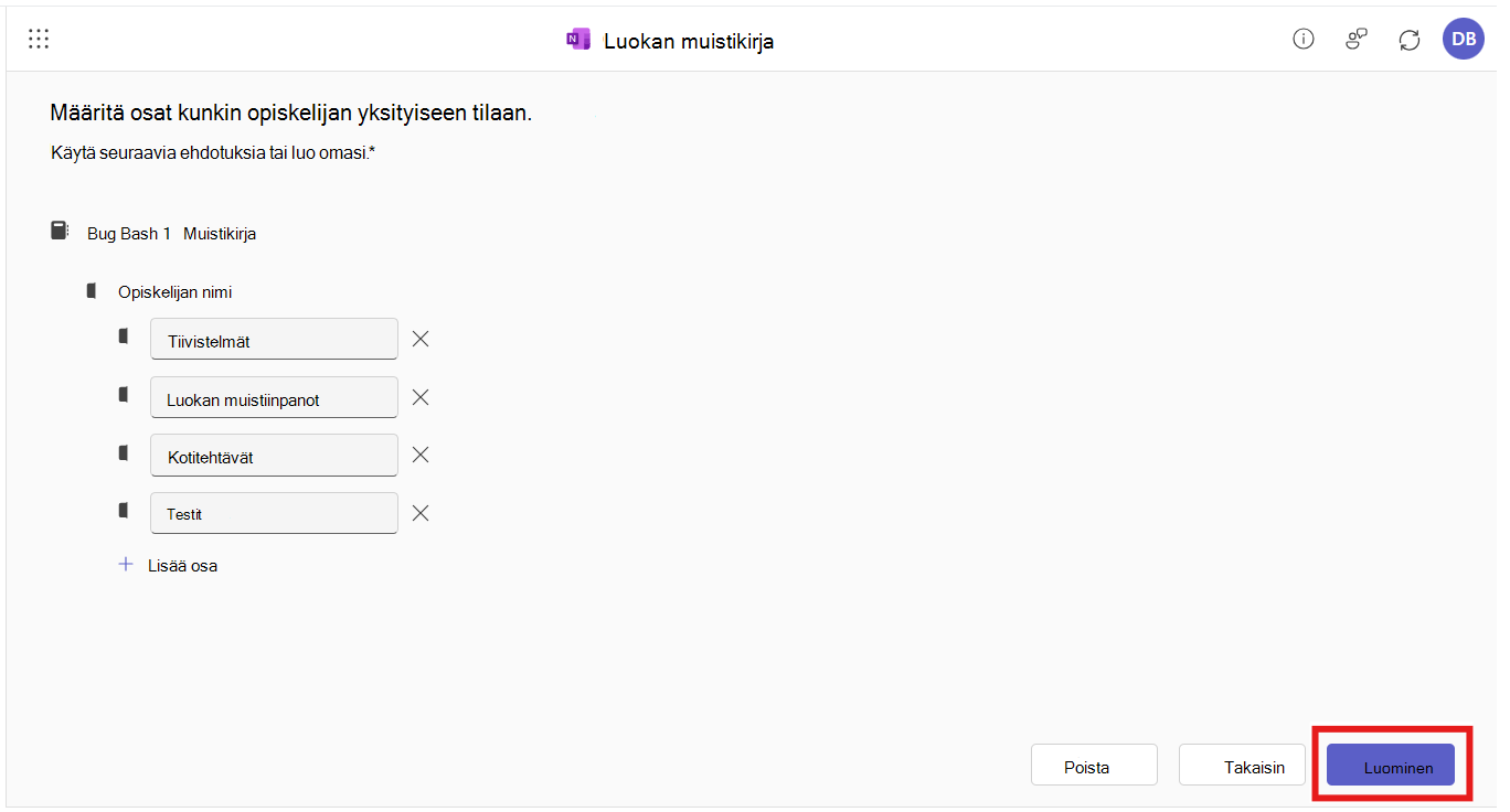 Luokan muistikirja -sovellus on avoinna M365 LTI -integroinnissa. Käyttäjää kehotetaan muokkaamaan ja tarkistamaan muistikirjan kunkin osan nimiä