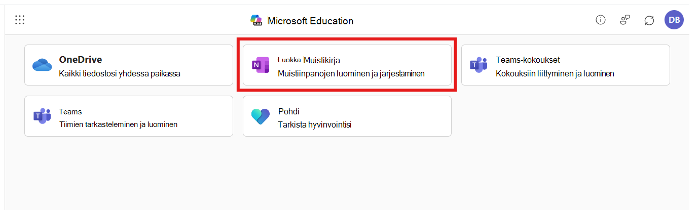 Näyttökuva Microsoft 365 LTI-sovelluksesta, jossa luokan muistikirja on valittuna