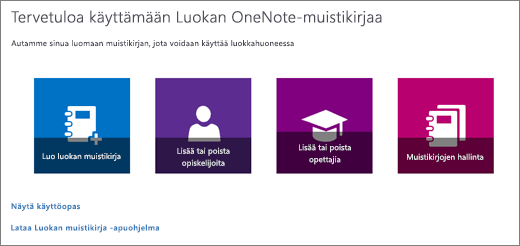 Tämä on OneNoten ohjattu luokan muistikirja -toiminto, jossa on Luo luokan muistikirja-, Lisää tai poista opiskelijoita-, Lisää tai poista opettajia- ja Muistikirjojen hallinta -kuvakkeet.