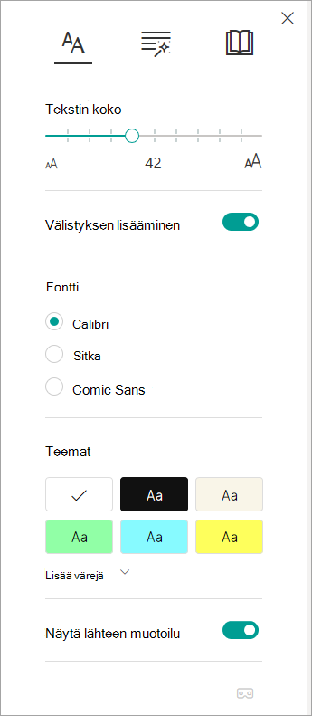 Syventävän lukuohjelman tekstivaihtoehdot.