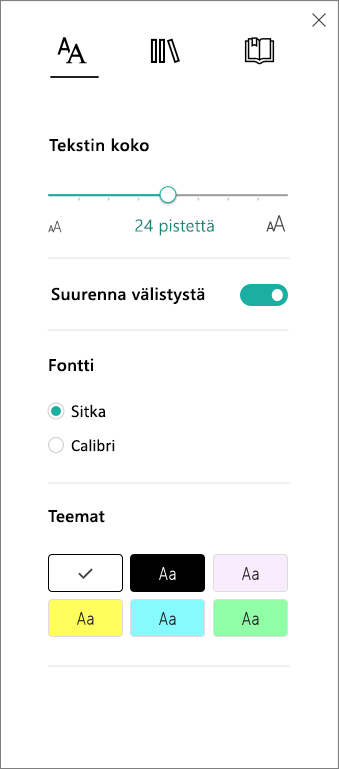 Syventävän lukuohjelman Tekstiasetukset-valikko