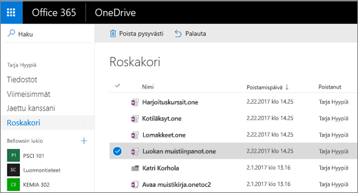 OneDriven roskakori ja muistikirjasivujen luettelo.